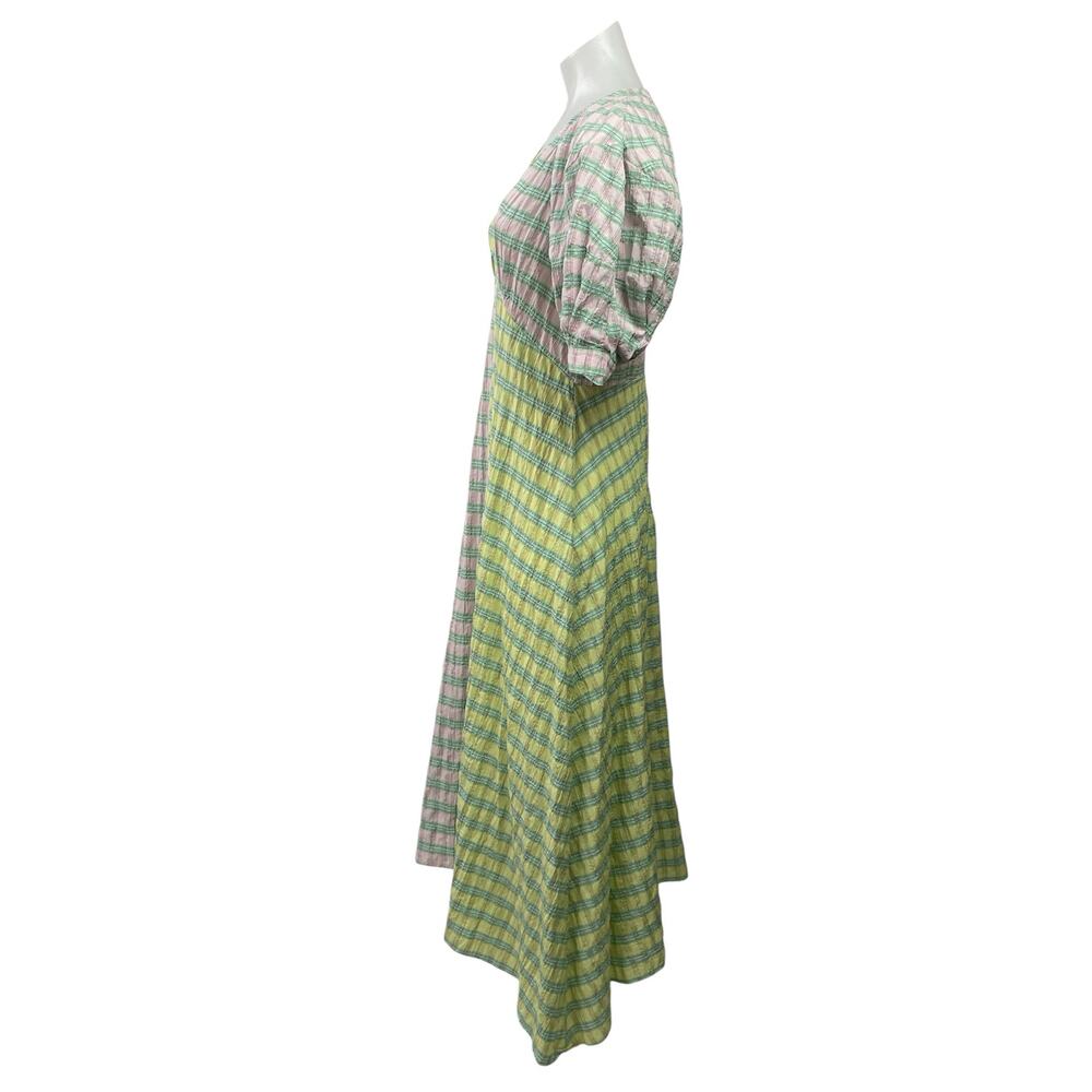 Topshop Green Pink Gingham Check Puff Sleeve Colorblock A Line Midi Dress Size 4 - Picture 2 of 5